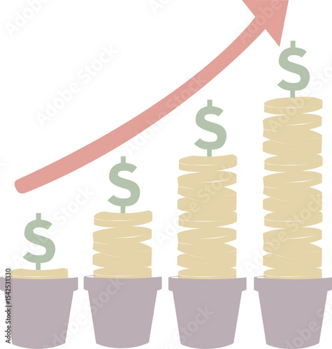 Flat icon with coin stacks in pots topped by dollar signs and an arrow indicating growth, perfect for finance themes
