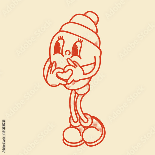 Happy retro mascot croissant character with love heart gesture in cute shoes. Menu, homemade bakery symbol