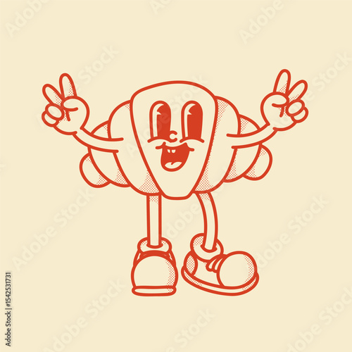 Happy retro mascot croissant character with victory gesture, smiling, in cute shoes. Menu, homemade bakery symbol