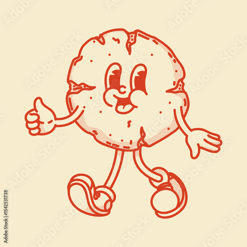 Cheerful cartoon cookie mascot character with pointing finger, friendly smile and cute shoes. Bakery menu symbol