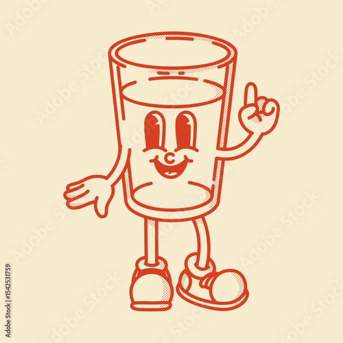 A cheerful cartoon glass of water or other drink mascot in shoes smiling. Bar menu, healthy life symbol. Finger up
