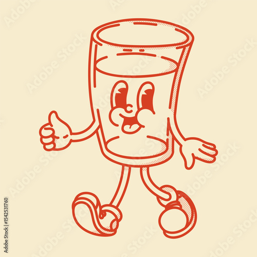 A cheerful cartoon glass of water or other drink mascot in shoes smiling. Bar menu, healthy life symbol. Finger up