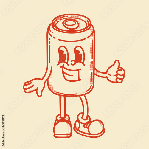 A cheerful cartoon tin can of drink mascot in shoes smiling. Bar menu symbol. Stands with finger up gesture