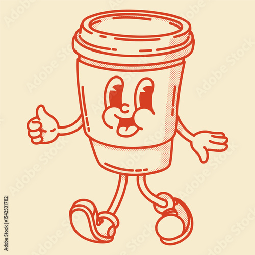Smiling friendly coffe to go character mascot in shoes. Coffee shop mascot symbol. Hands up, finger up