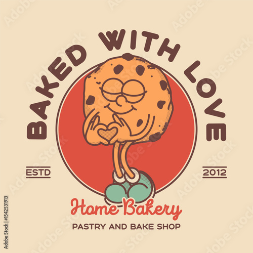 Bakery shop signboard logo template. Retro cookie biscuit mascot for promo banner flyer