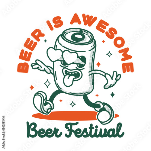 Beer festival signboard logo template. Retro tin can of beer mascot for promo banner flyer