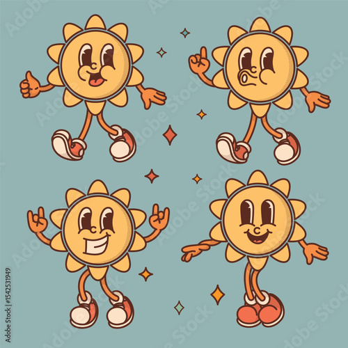 Cheerful sun character retro mascot with smiling face, shoes, hands in rock gesture. Cute spring or summer symbol