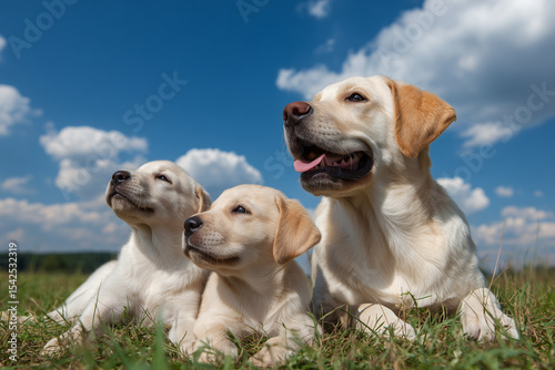 two golden retriever puppies with mom