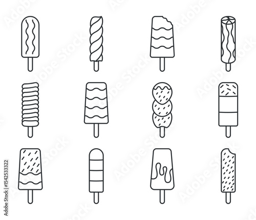 Set of ice cream of Popsicle stick outline icon, flat design