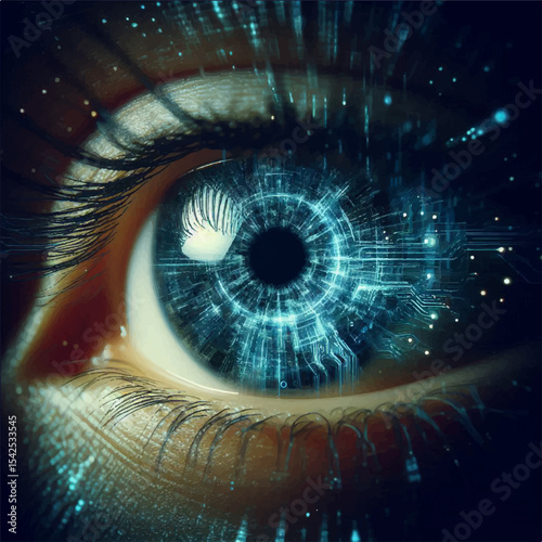 A color illustration of a human eye equipped with digital cybernetic elements on a black background. Vector graphics. EPS.