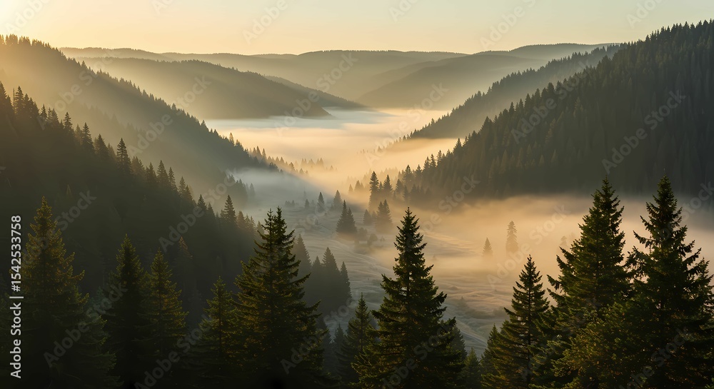 Obraz premium Sunrise over a majestic mountain landscape with a serene sky, mist, and pine trees