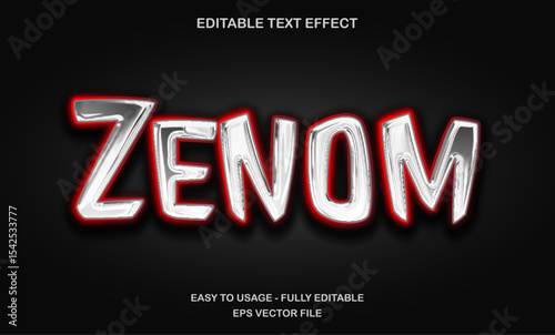 Zenom chrome text effect, silver glossy horror editable vector style