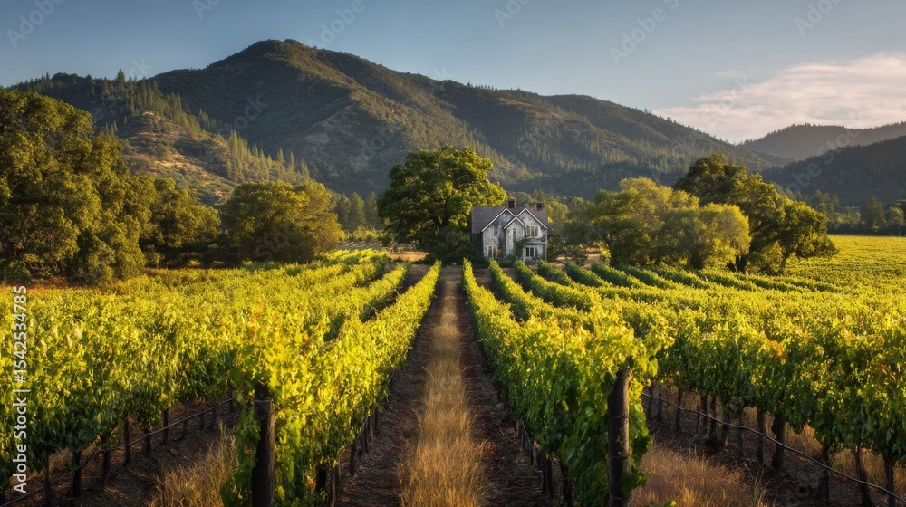 Obraz premium Vineyard Landscape with House and Mountains