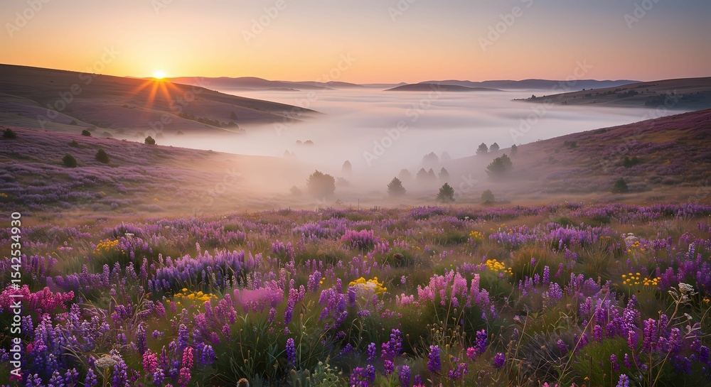 Obraz premium Golden Sunrise Over Meadow: A breathtaking vista of rolling hills adorned with vibrant wildflowers, bathed in the warm glow of a rising sun, and shrouded in a mystical morning mist. 