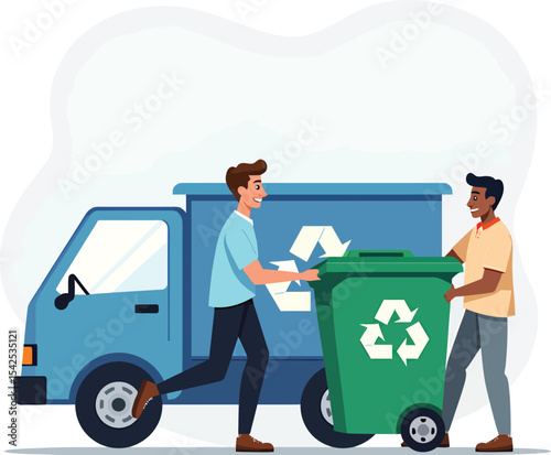 Recycling truck and workers collecting waste for environmental sustainability and waste management program