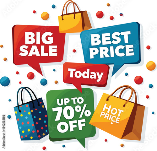 Big sale discounts today best price hot deals up to seventy percent off shopping bags vector illustration