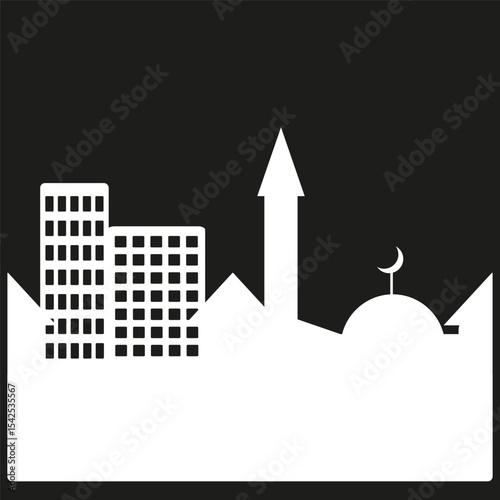 Mosque skyline symbol. City vector structure. White silhouette figure. Black contrast background.