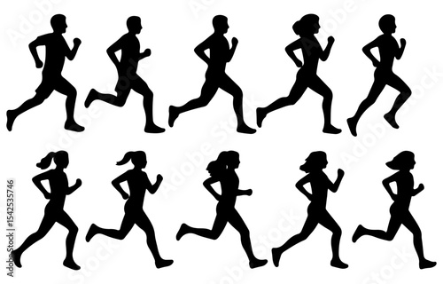 Running people silhouettes, vector joggers in motion, side view of male and female runners, black silhouette set on white background