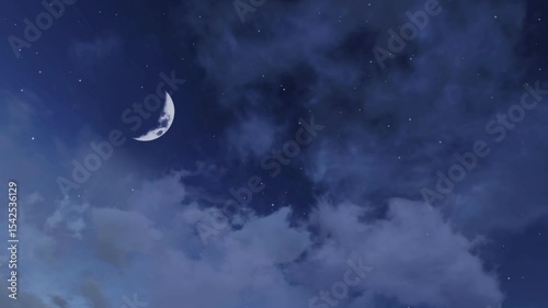 Dreamlike starry night sky with fantastic big half moon among fluffy cumulus clouds. Romantic nighttime cloudy heaven natural background with copy space, flying through space fantasy 3D animation.