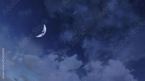 Romantic starry night sky with fantastic large half moon and falling stars meteor shower among fluffy cumulus clouds. Magic nighttime cloudy heaven, flying through space fantasy 3D animation.