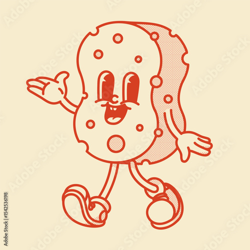 Cute retro sponge mascot with face and legs. Cartoon vector illustration for cleaning, bath, kitchen themes