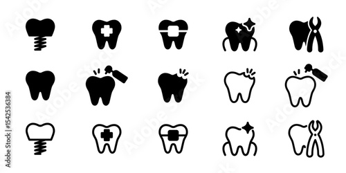 Set of dental icons. Surgery, orthodontics, pediatric dentistry. Implants and dentures, braces, cleaning, dentist logo