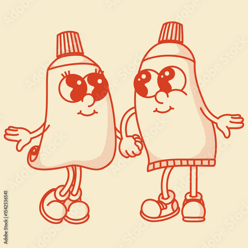 Playful retro toothpaste & cream mascots duo. Charming vintage vector art for oral care & cosmetic packaging