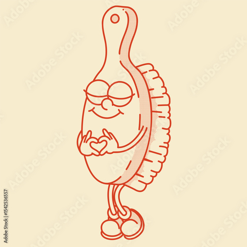 Cute wooden bath brush mascot with long handle. Vintage eco-friendly vector illustration for spa and body care branding