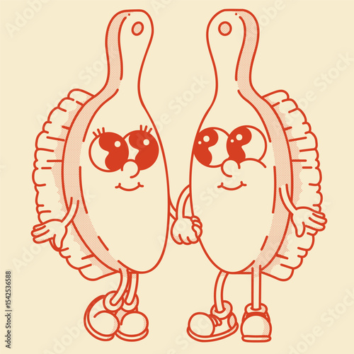 Playful pair of retro brush mascots - wooden & natural. Wholesome vector art for eco bath accessories and packaging