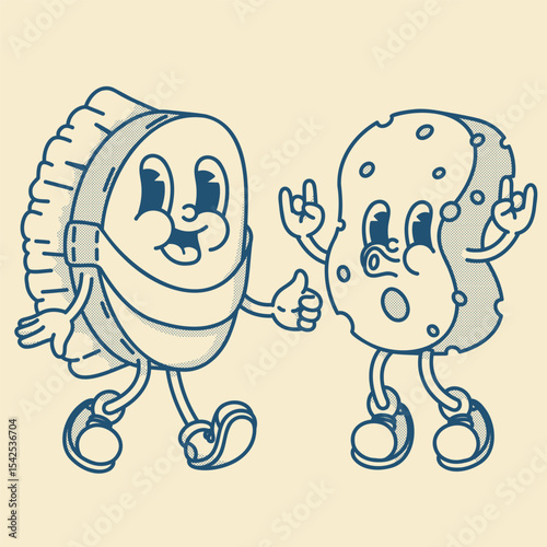 Playful brush and sponge duo - exfoliation, cleaning. Handmade retro mascots for skincare and household branding