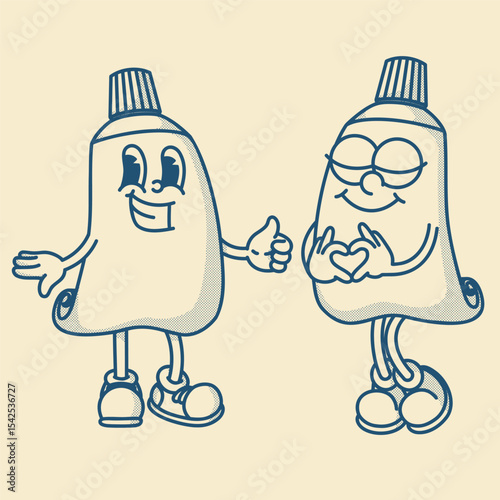 Playful retro toothpaste & cream mascots duo. Charming vintage vector art for oral care & cosmetic packaging