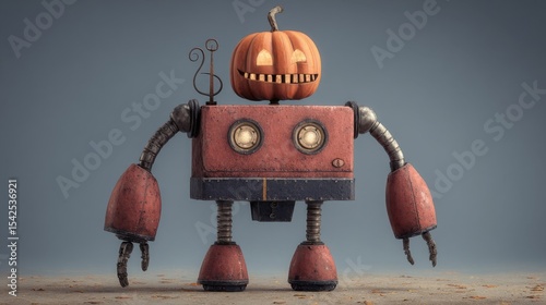 Rusty Robot with Jack O'Lantern Head