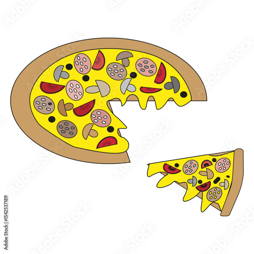 Whole pizza icon. Sliced piece vector. Topping food shape. Cheese tomato pepperoni.