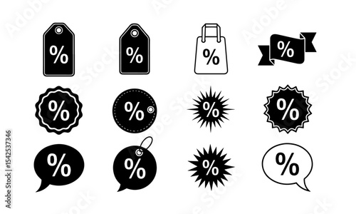Black and White Percentage Signs: Discount, Sale, and Promotion Icons. A versatile set of black and white percentage icons for sales, discounts, and promotions.