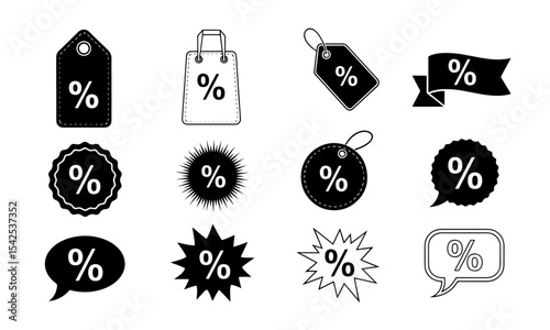 Black and White Percentage Signs: Discount, Sale, and Promotion Icons. A versatile set of black and white percentage icons for sales, discounts, and promotions.