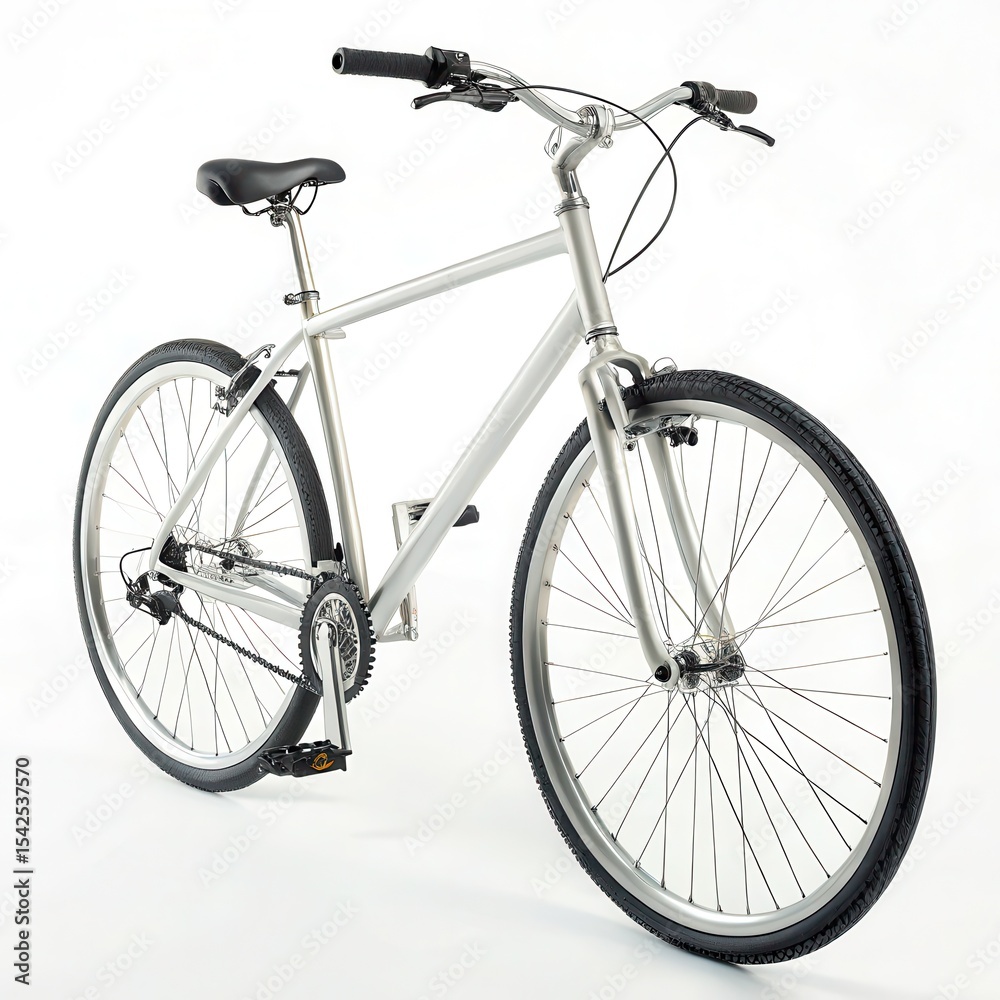 Fototapeta premium Minimalist silver bike with black tires and ergonomic design, isolated on white background, perfect for urban commuting or fitness themes.
