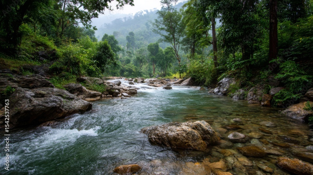 Obraz premium Clear River Flowing Through Lush Green Forest