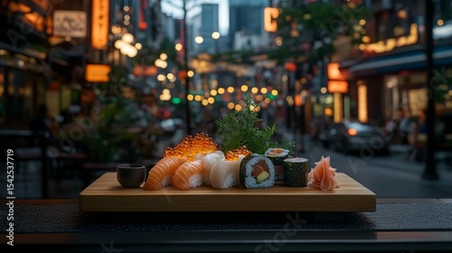 Assorted sushi platter outdoors at night, showcasing salmon,  shrimp, and rice rolls against a vibrant city street