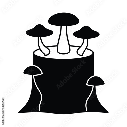 Silhouette of a tree stump with various mushrooms growing on it perfect for autumnal or woodland themed designs