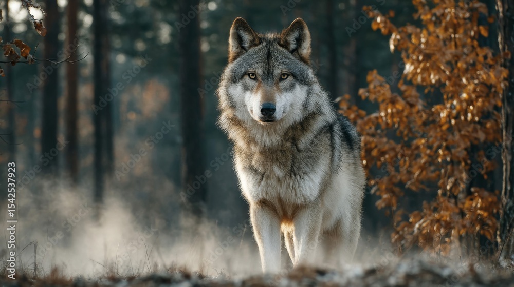 Obraz premium Grey Wolf in Misty Autumn Forest