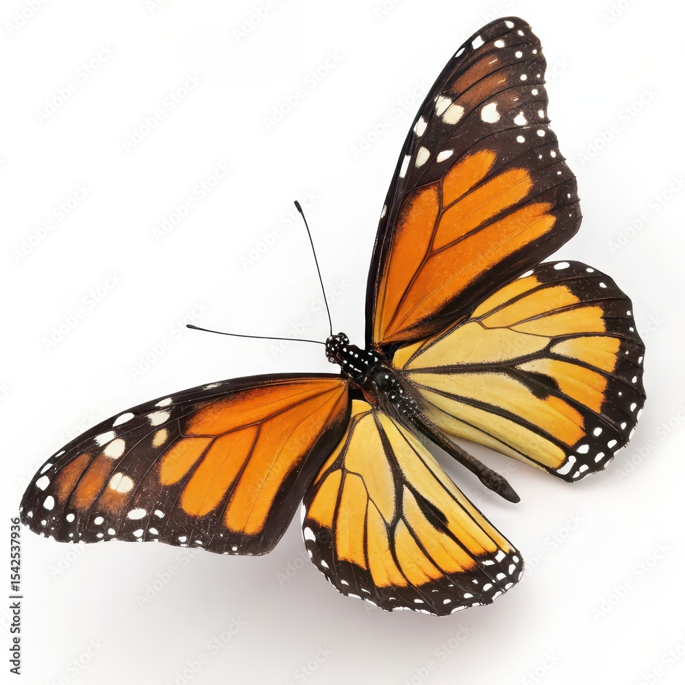 Fototapeta premium Brightly colored monarch butterfly with orange and black wings fully spread, isolated on a clean white background, symbolizing beauty and transformation.