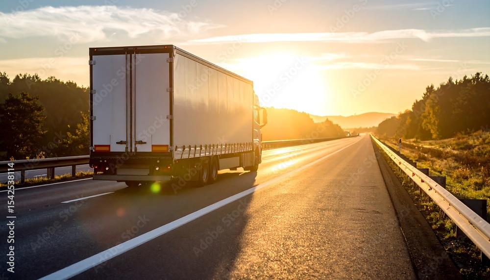 Obraz premium A large white semi-truck drives on the highway at sunrise as golden sunlight floods the landscape.