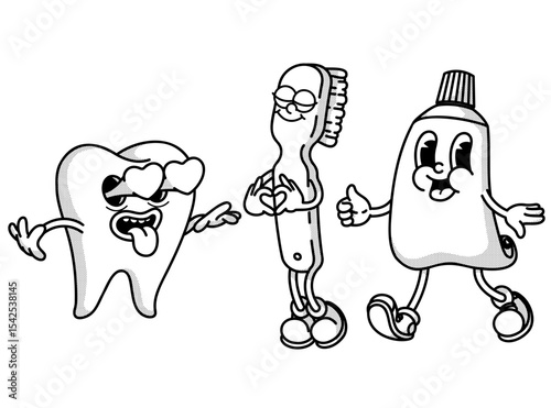 Retro dental dream team: toothpaste, brush and tooth mascots! Vintage handdrawn trio for hygiene products, clinic posters and oral care branding