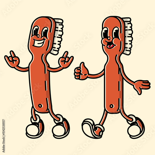 Groovy 70s-80s toothbrush mascot in vibrant colors. Handdrawn retro design for dental clinics and eco oral care brands