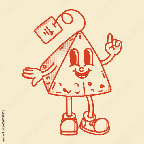 Playful pyramid tea bag mascot pointing up. Retro vector art for specialty Chai and Jasmine tea in kraft packaging