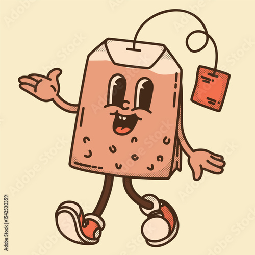 Retro rectangular black tea bag mascot presenting. Special Earl Grey and Assam limited edition character