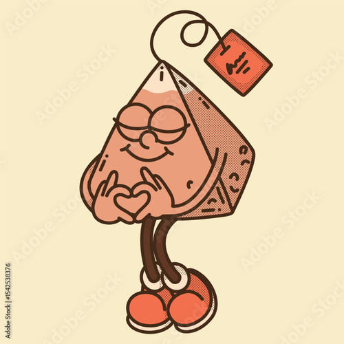 Loving pyramid black tea bag mascot with heart. Romantic Darjeeling and Keemun blend retro design