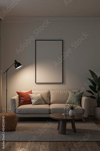 Cozy Minimal Living Room at Night with Blank Canvas and Warm Ambient Lighting