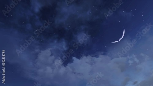 Dreamlike starry night sky with fantastic big half moon among fluffy cumulus clouds. Fantasy nighttime cloudy heaven and new moon natural background with copy space, 3D animation.