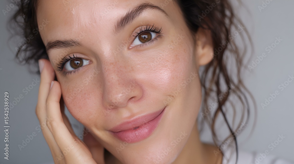 Obraz premium A woman with brown hair and brown eyes is smiling and has her hand on her face